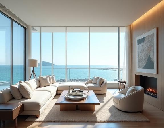 Ocean-view living room with a serene, coastal design.